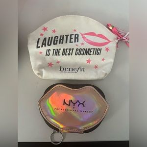 Two makeup bags. One small- shape of lips, other bigger benefit bag with tassel